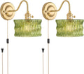 Plug in Wall Sconce Set of 2 Gold Vintage Wall Lights - Green Ripple