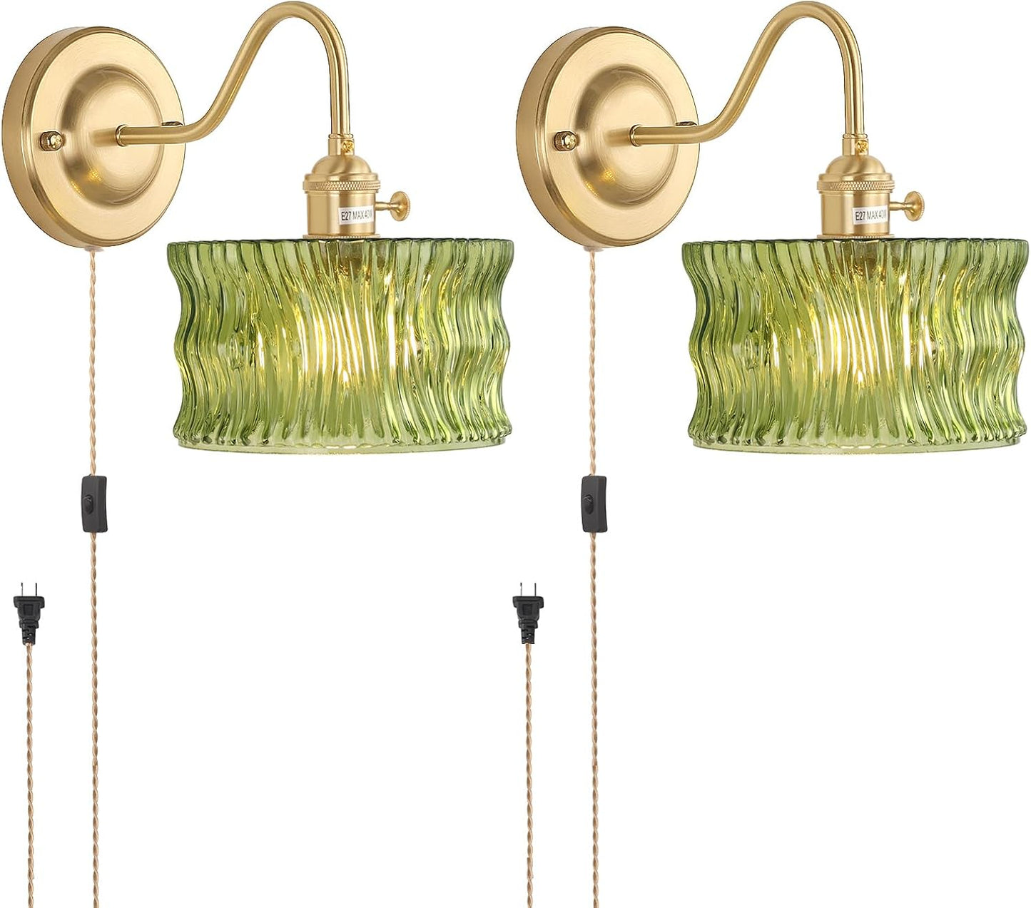 Vintage Wall Sconce Set of 2 with Green Ripple Glass Shade