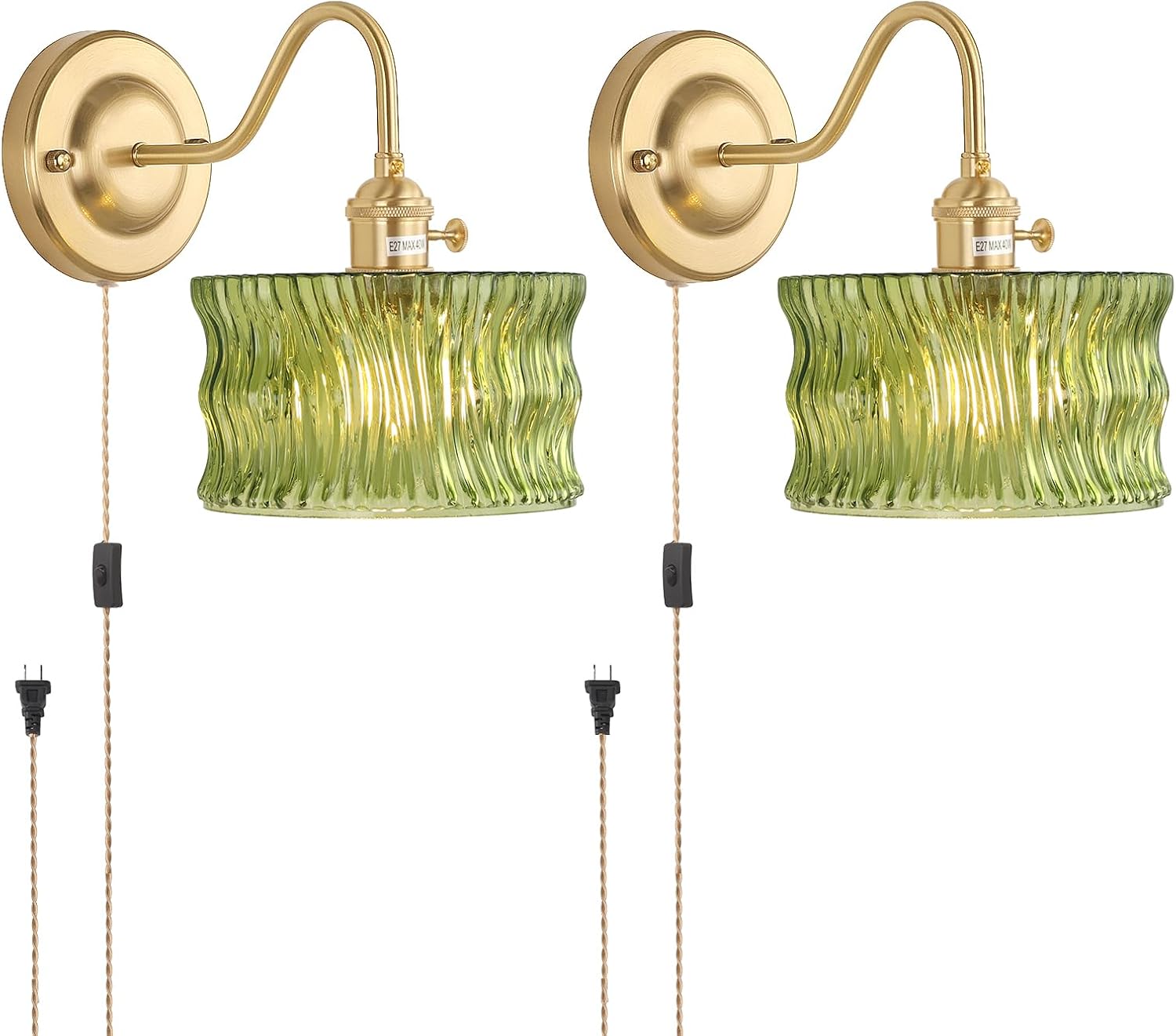 Vintage Wall Sconce Set of 2 with Green Ripple Glass Shade