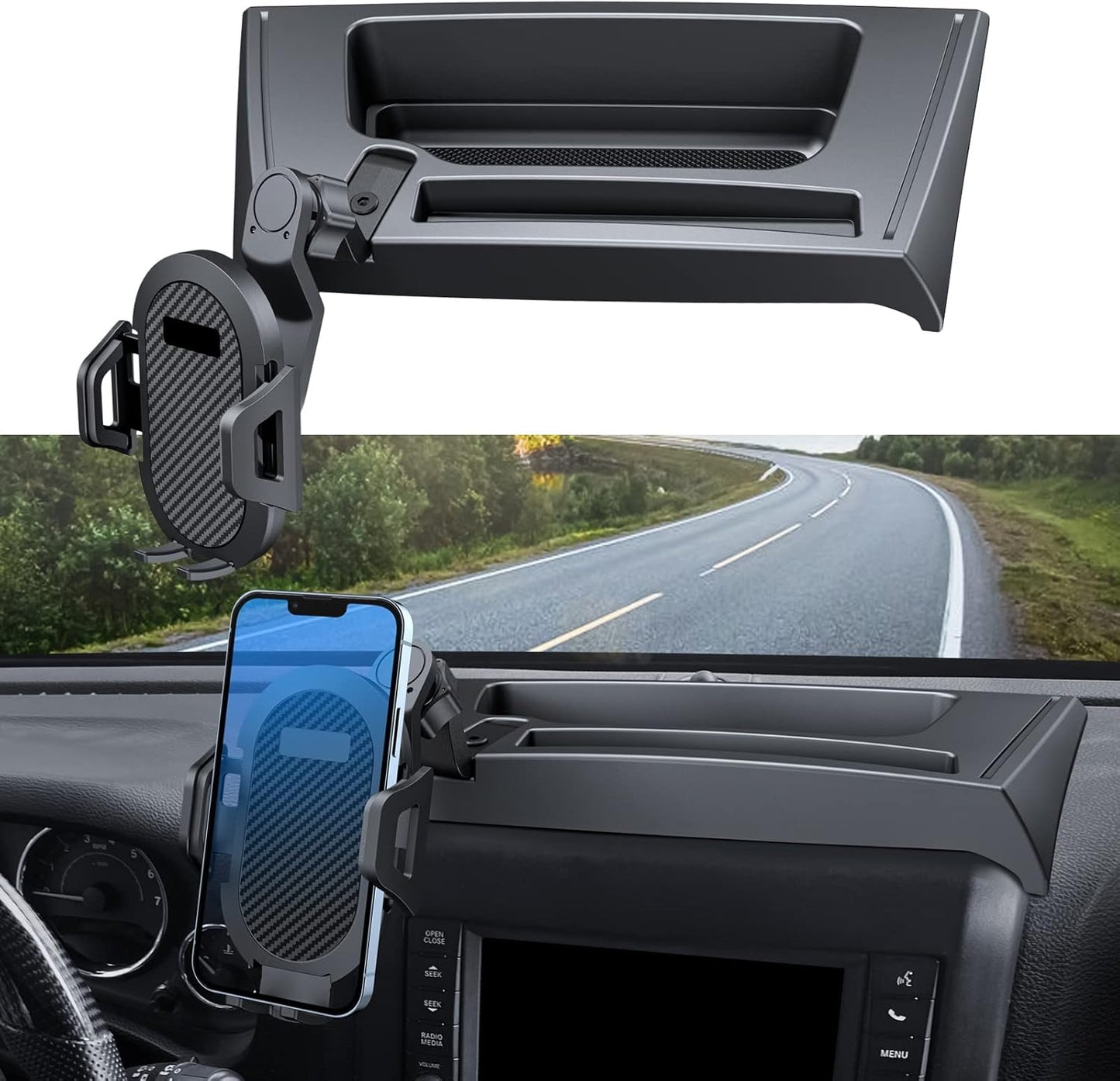 Upgraded Phone Mount for Jeep Wrangler JK JKU with Storage Tray