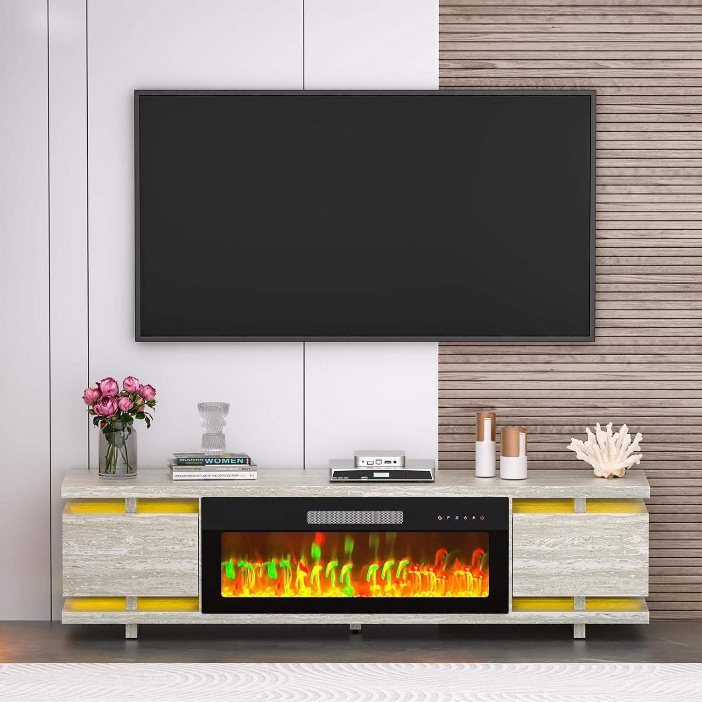 Modern Marble TV Stand for 80 TVs - 36 Electric Fireplace & LED Lights