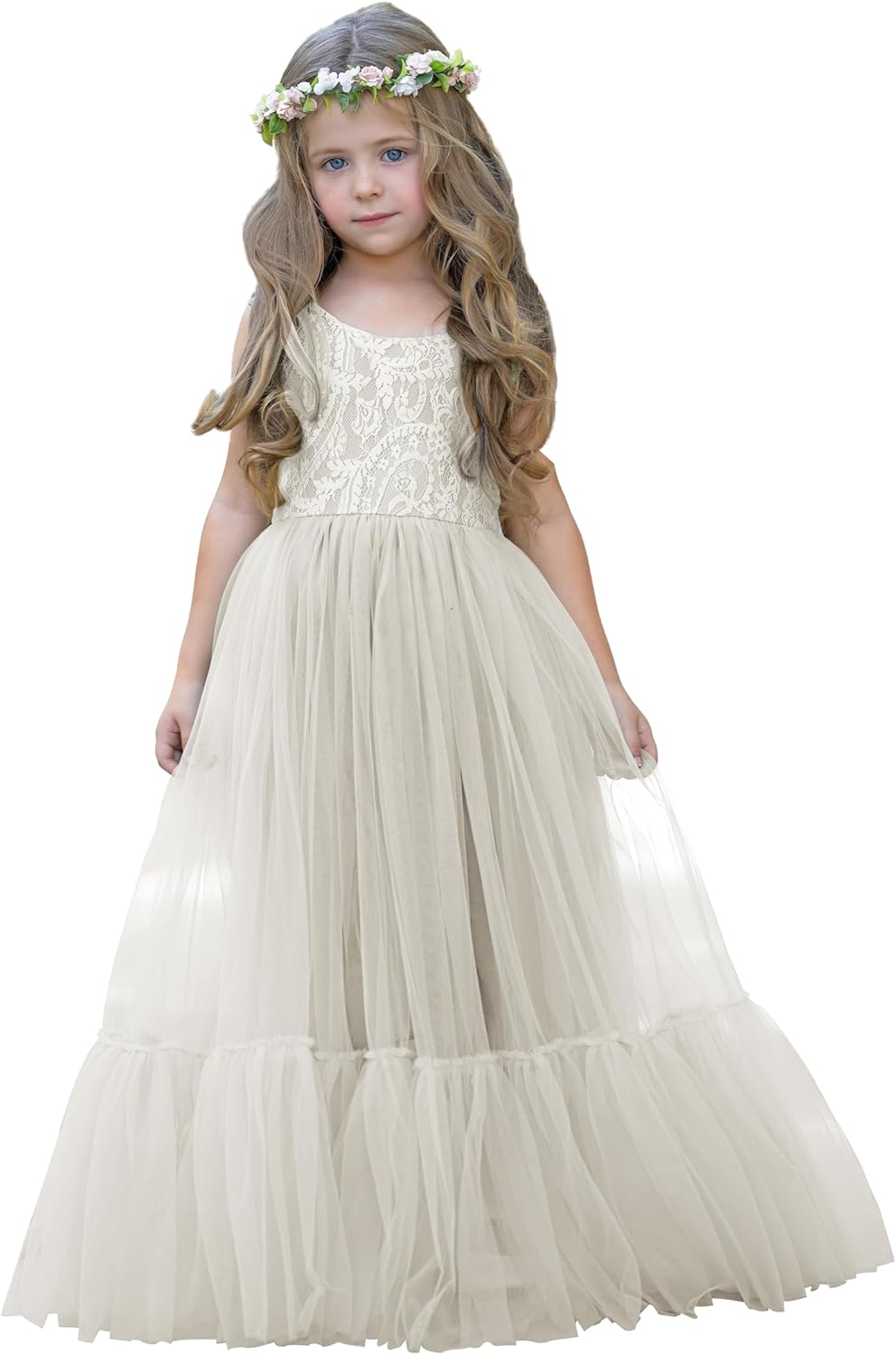 Flower Girl Dress Lace Tulle Boho Toddler Ruffle Dress for Weddings