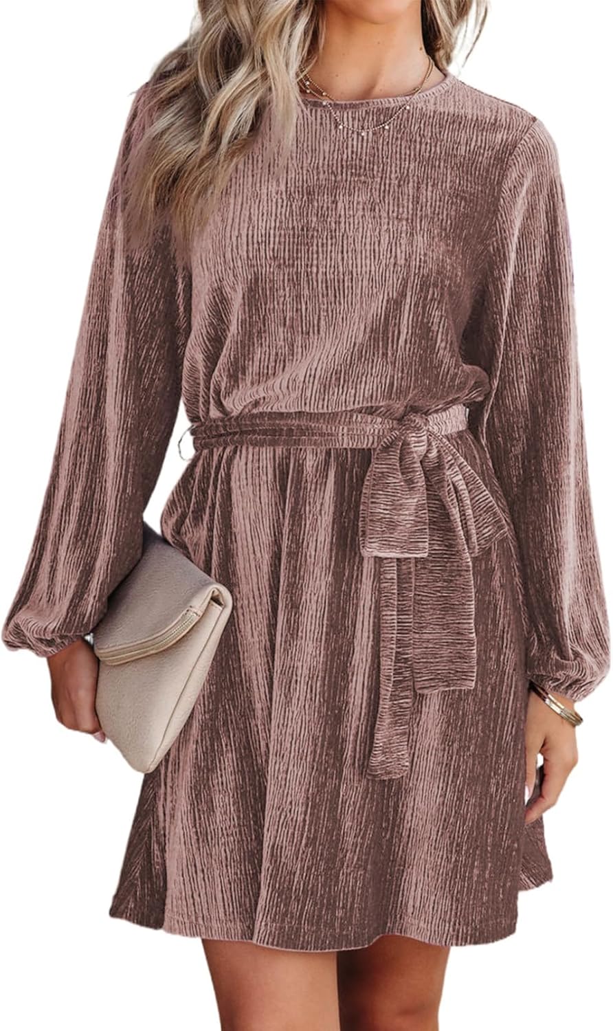 Stylish Velvet Dress for Women with Lantern Sleeves and Belt