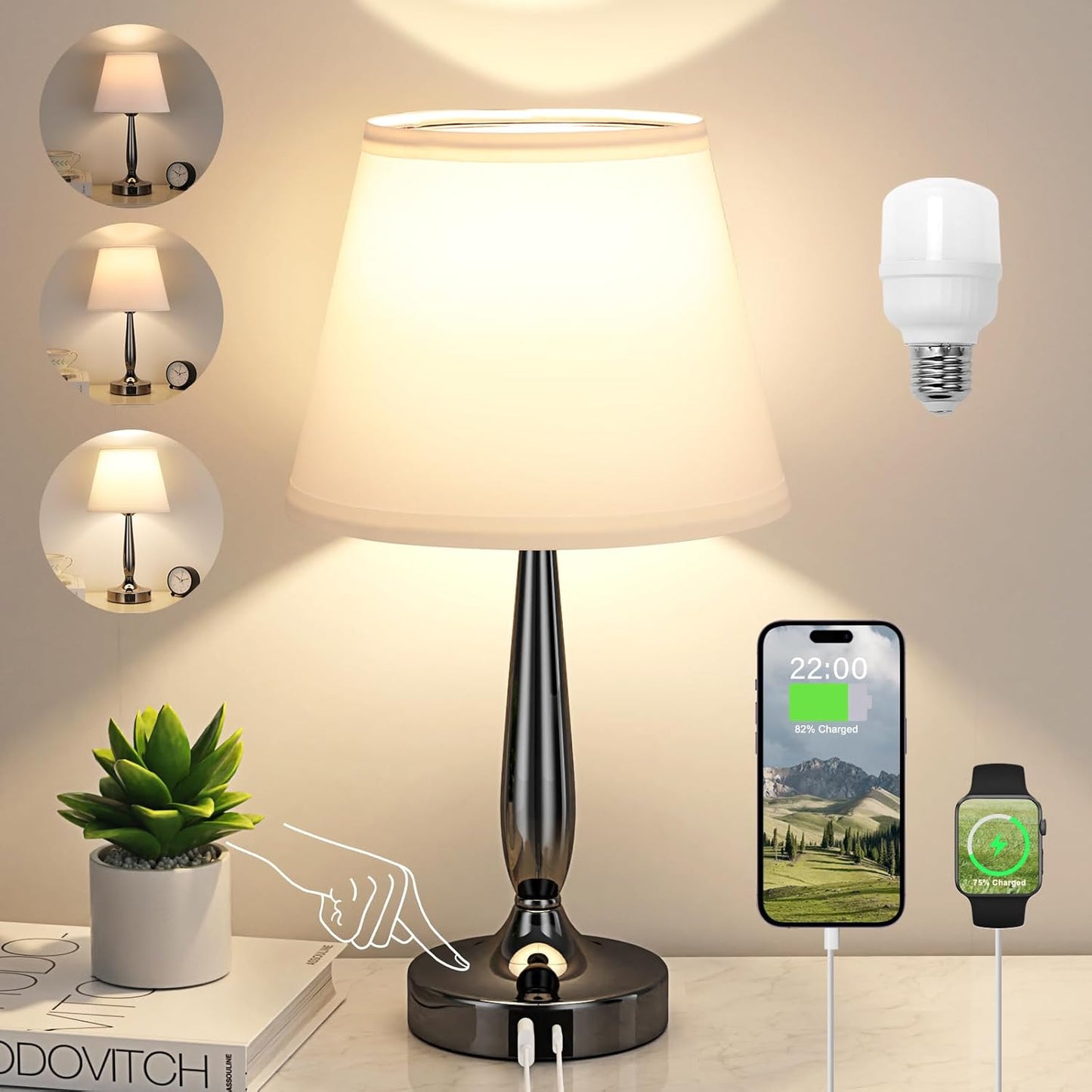 Kakanuo Touch Bedside Lamp with USB Ports for Bedroom Use