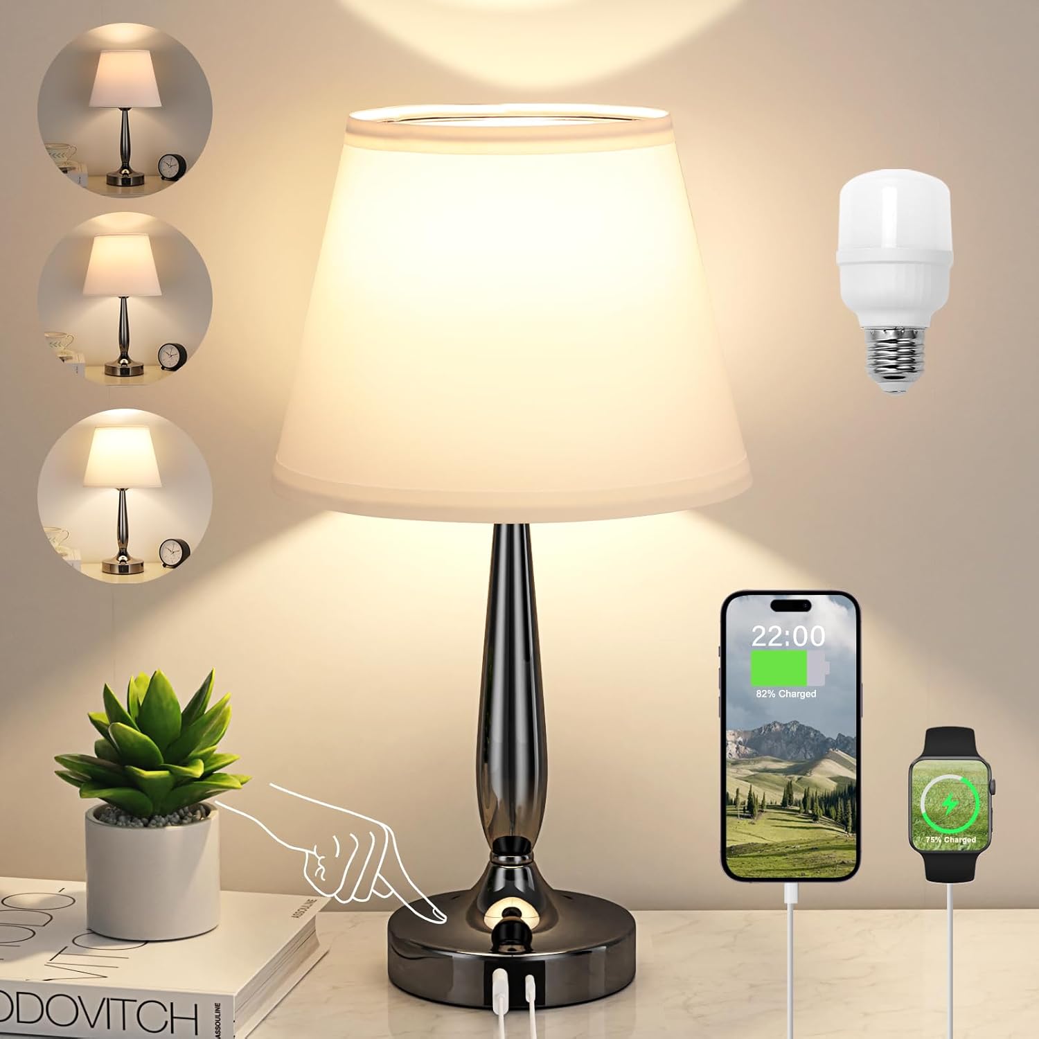 Kakanuo Touch Bedside Lamp with USB Ports for Bedroom Use