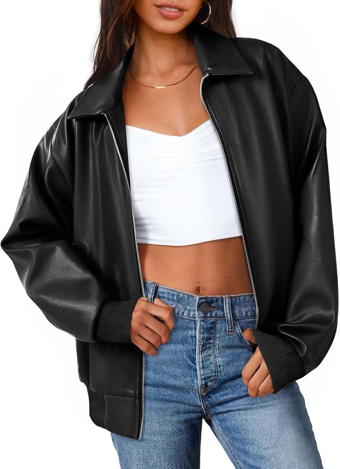 Oversized Faux Leather Jacket for Women - Trendy Fall Fashion