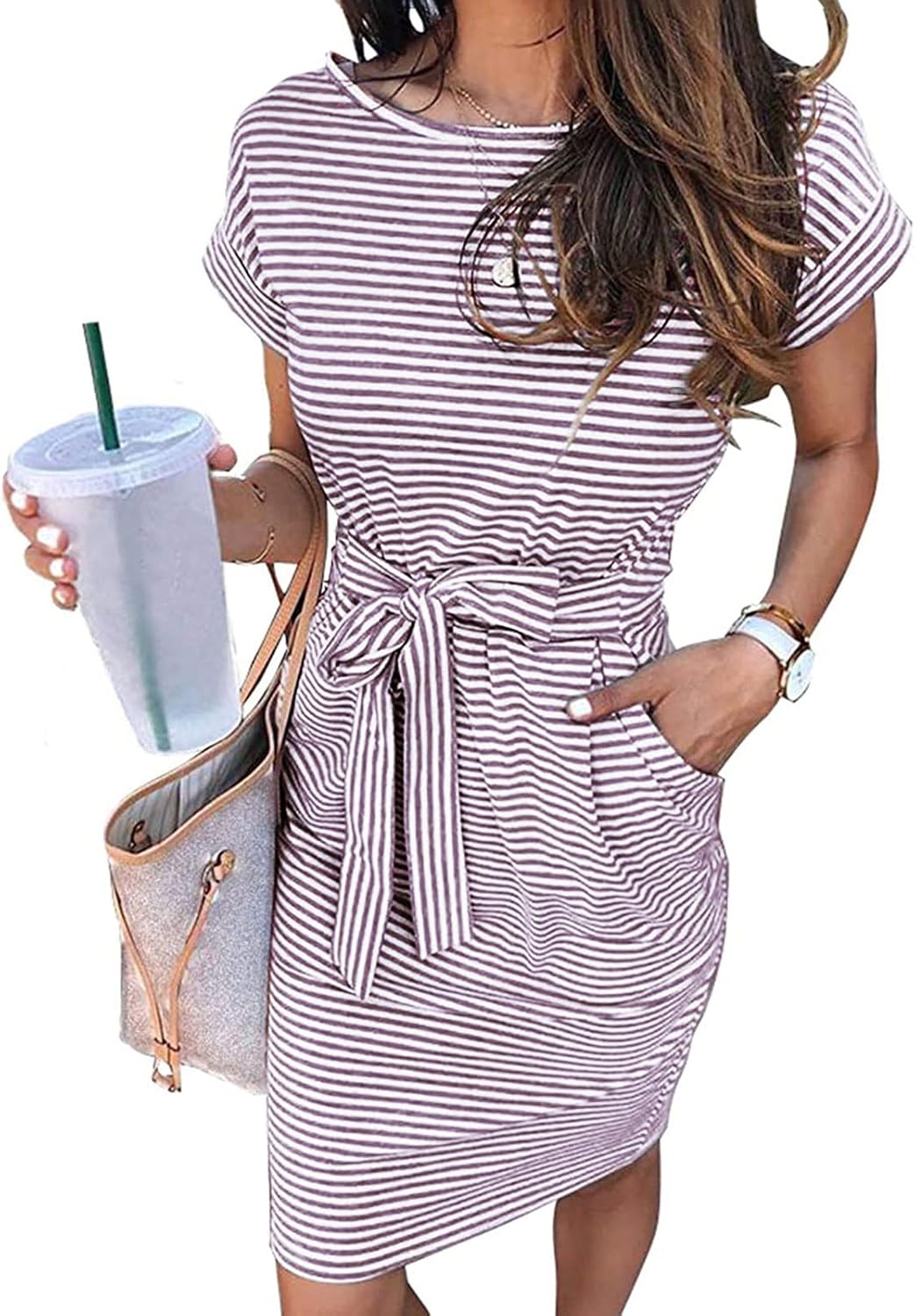 MEROKEETY Women's Summer Striped T Shirt Dress with Pockets