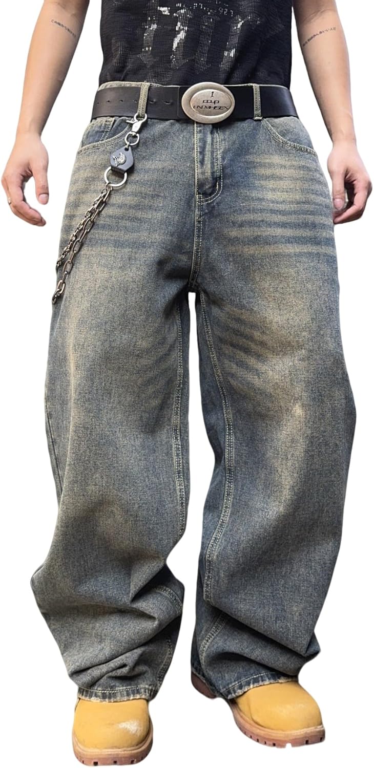 Mens Streetwear Baggy Jeans Wide Leg Skater Denim Pants