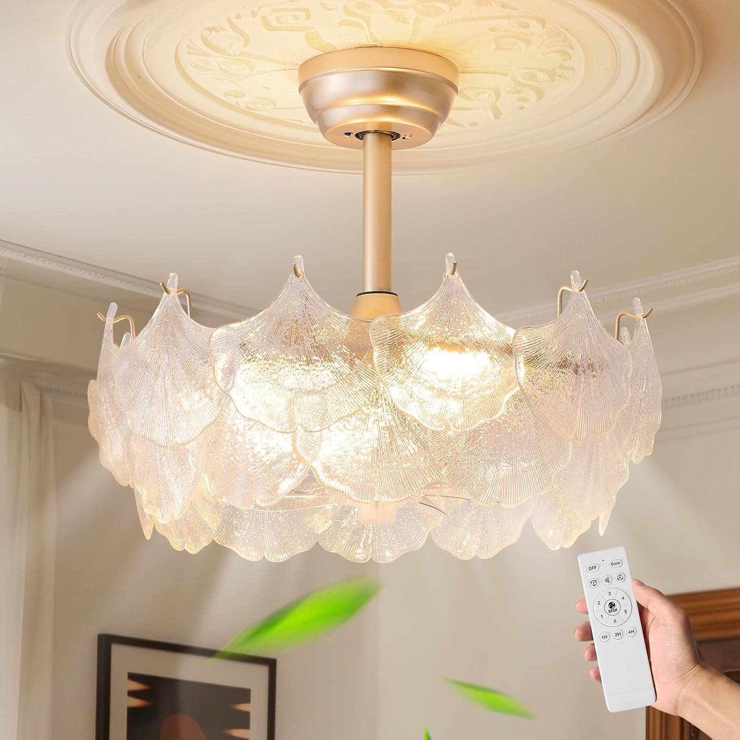 Shell Ceiling Fan with Light 20 Inch Gold Fandelier for Home