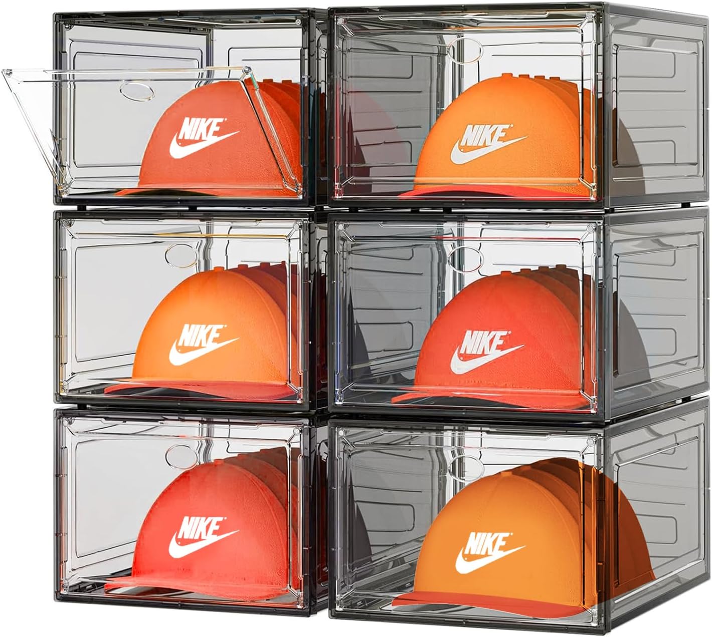 6 Pack Hat Organizer Box for Baseball Caps - Stackable Storage