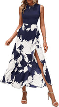 Women Sleeveless Crewneck Patchwork Floral Midi Dress - Boho Ruffle