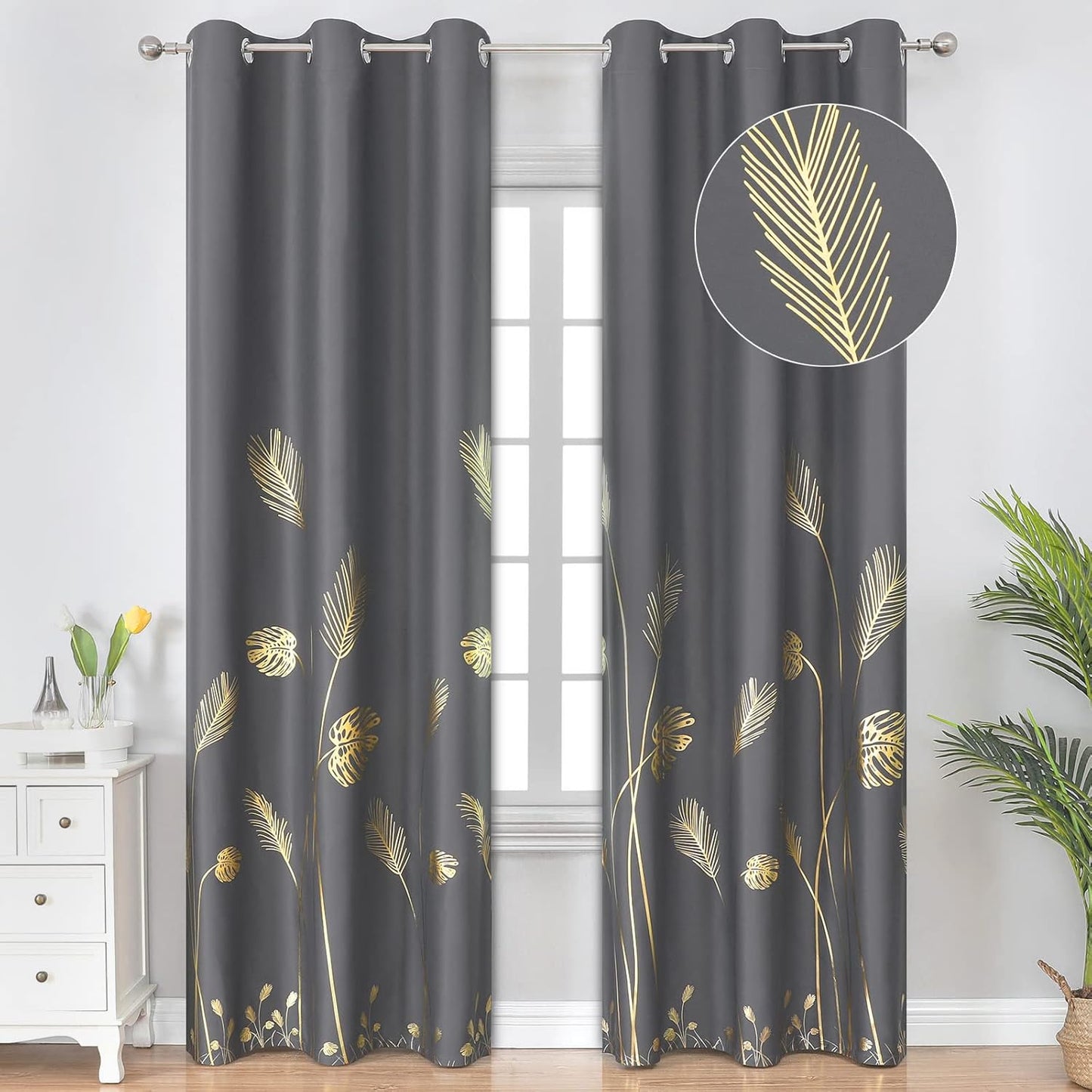 Thermal Insulated Blackout Curtains with Gold Leaf Design