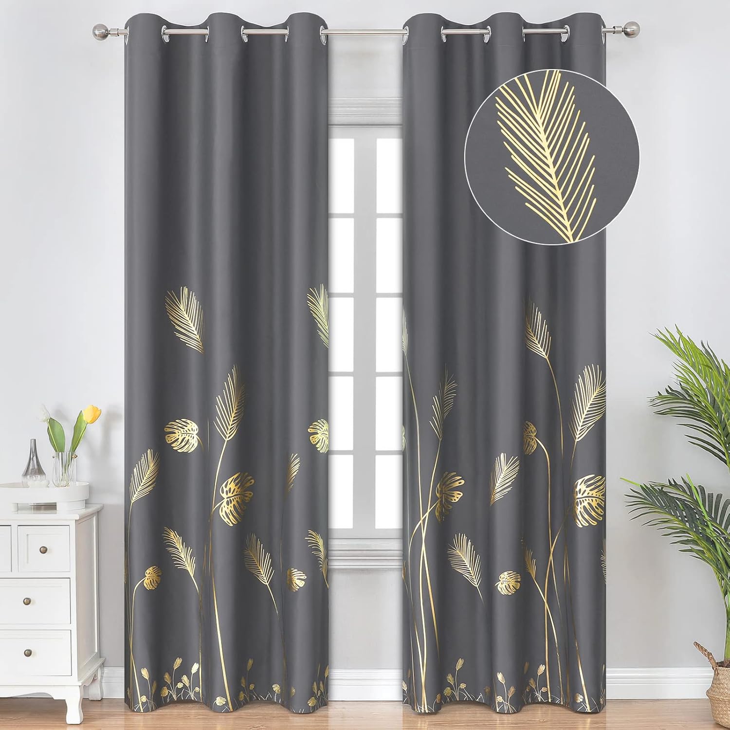 Thermal Insulated Blackout Curtains with Gold Leaf Design