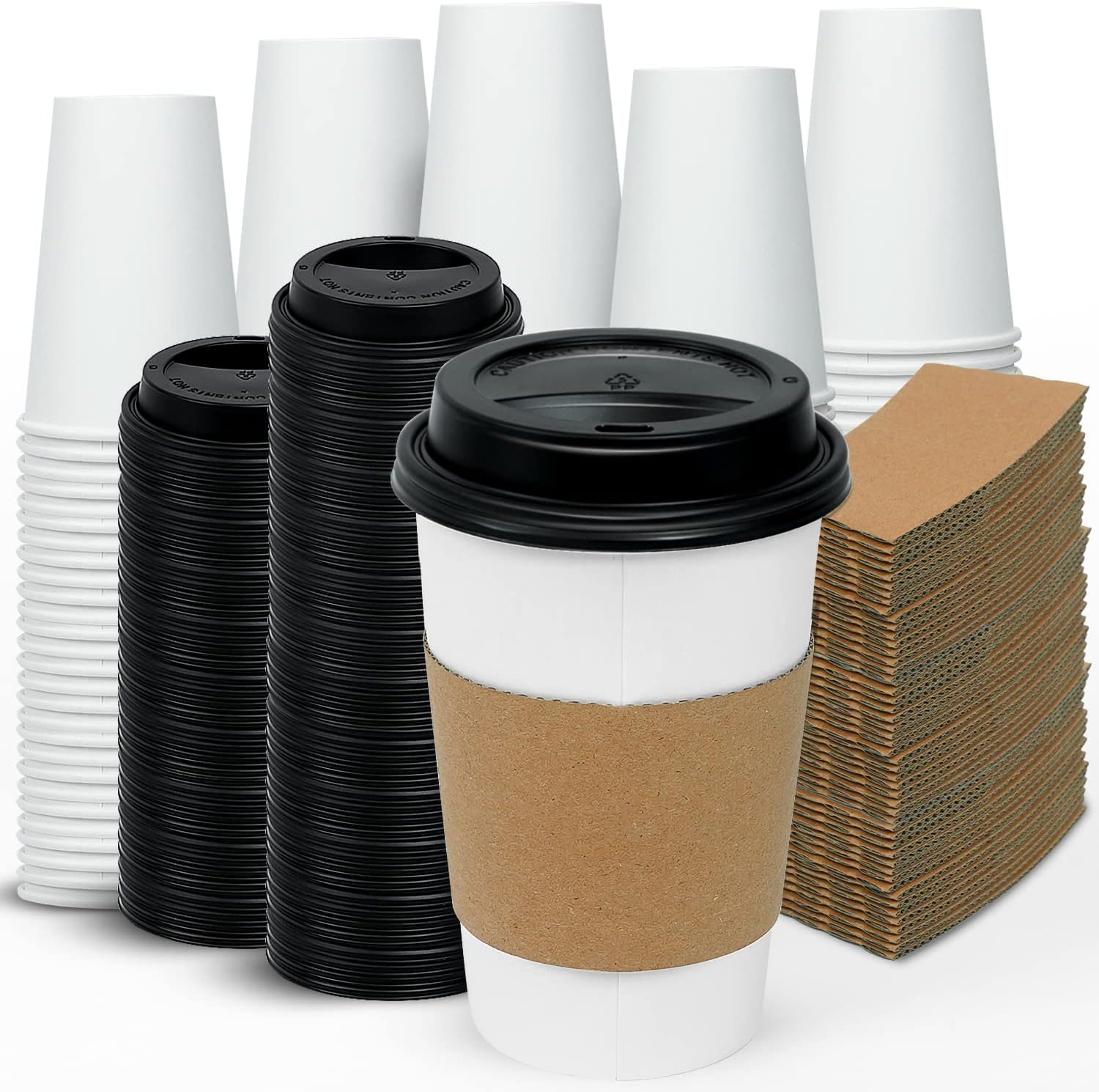 Ginkgo 100 Pack 16 oz Disposable Coffee Cups with Lids and Sleeves