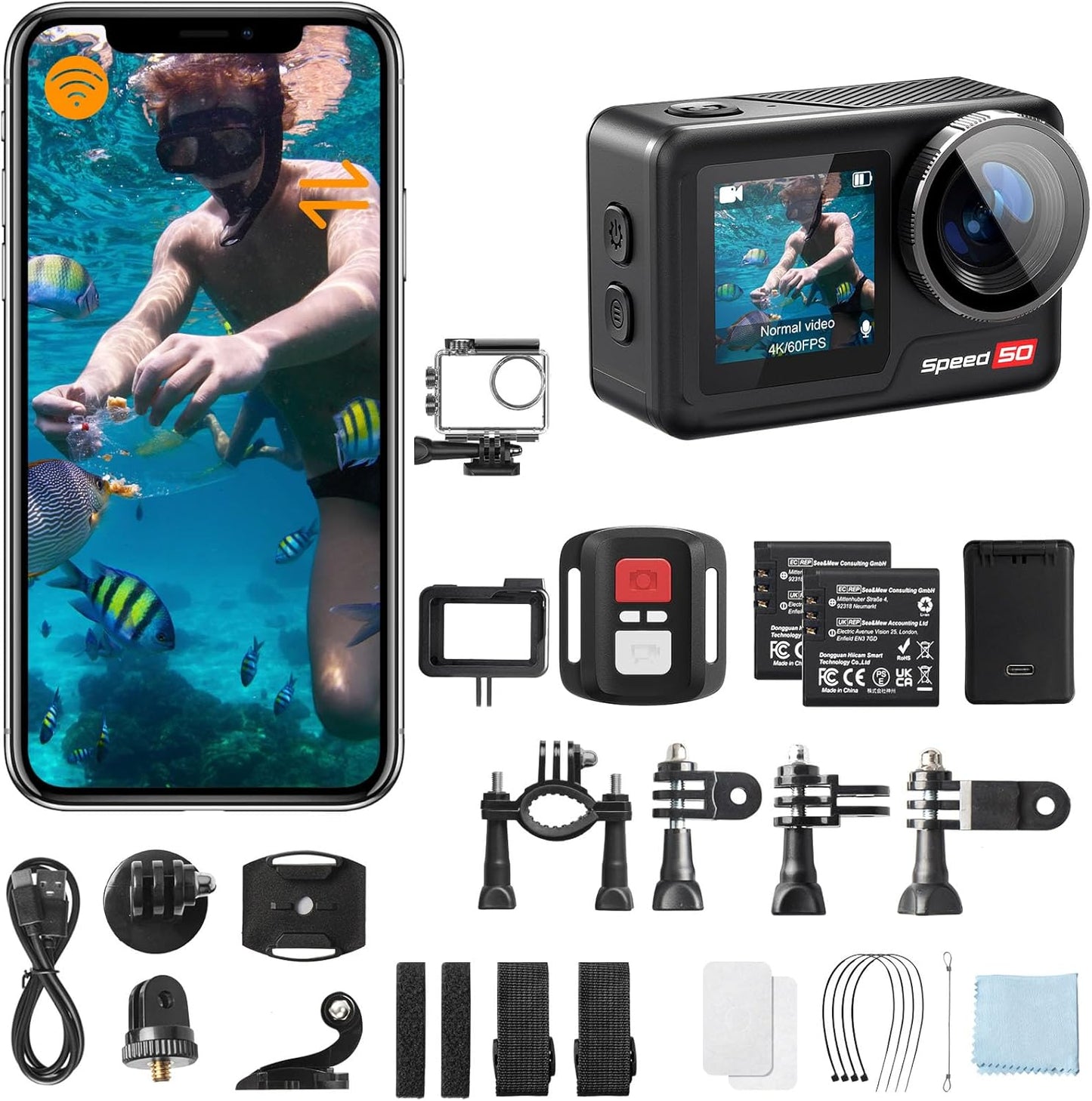 Hiicam 4K60FPS Action Cam: 5X Zoom, Touch Screen, EIS
