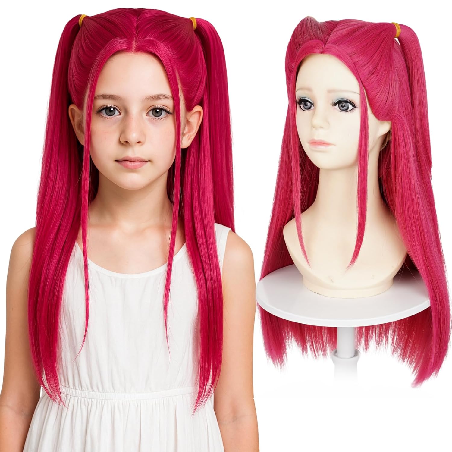Long Magenta Ponytail Pigtail Wig for Kids Girls Toddlers