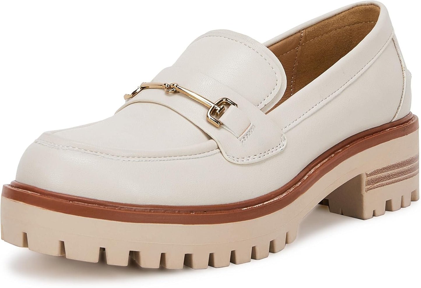 VETASTE Womens Chunky Heel Loafers with Metal Chain for Style