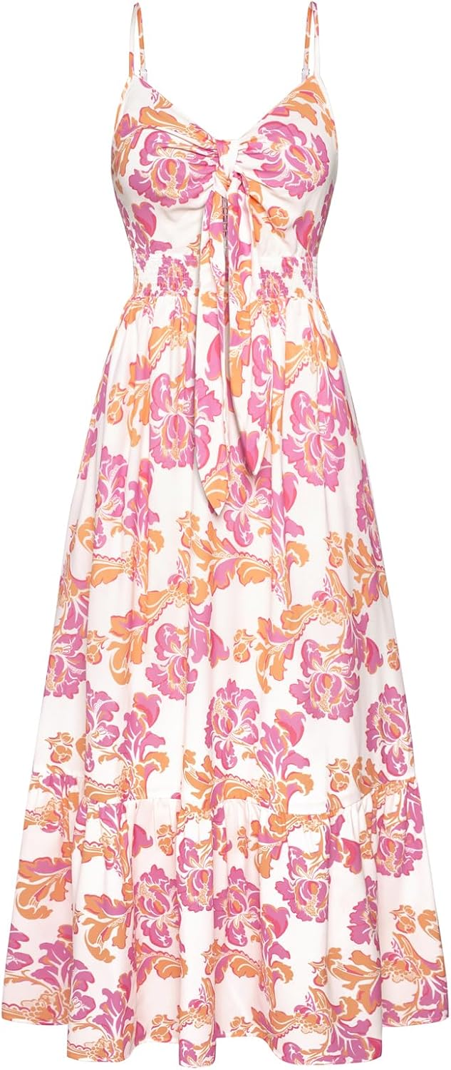 Summer Maxi Dress Floral Tie Front Spaghetti Strap Casual Style