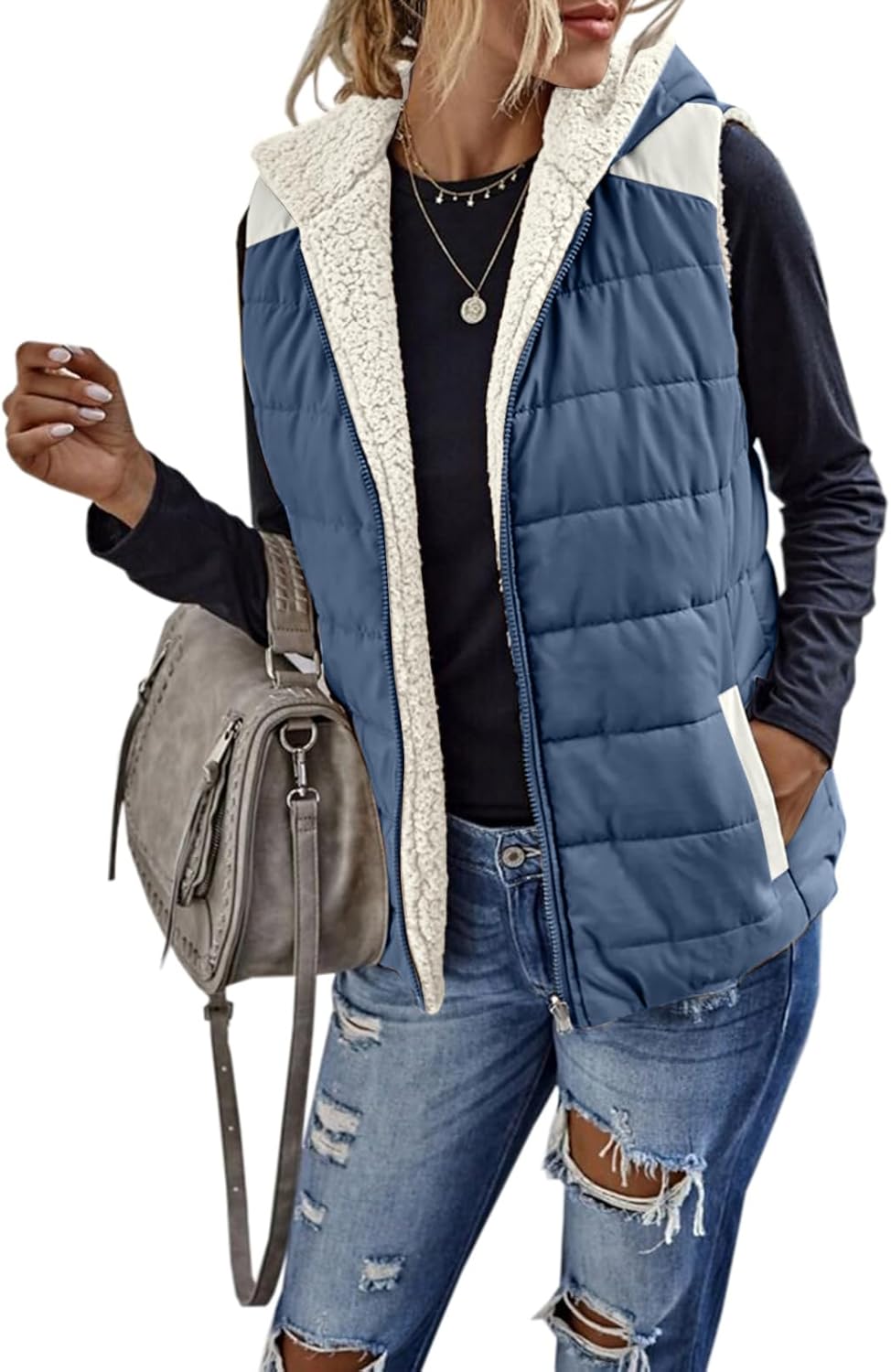 Womens Sherpa Fleece Full Zip Reversible Vest for Cozy Style