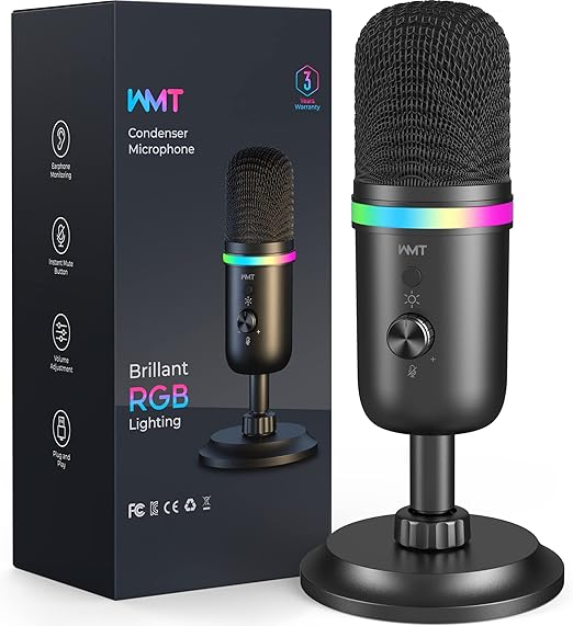 WMT USB Microphone for Gaming and Streaming with RGB Lighting