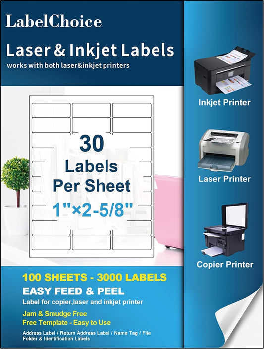 LabelChoice: 100 Sheets 3000 Shipping Address Labels for Laser & Inkjet Printers