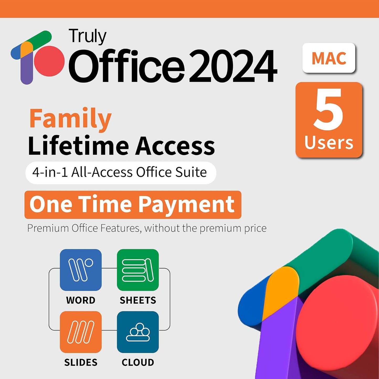 TrulyOffice 2024 Family Lifetime for Mac | 4-in-1 Suite: Words, Sheets, Slides + Cloud | 5 Users