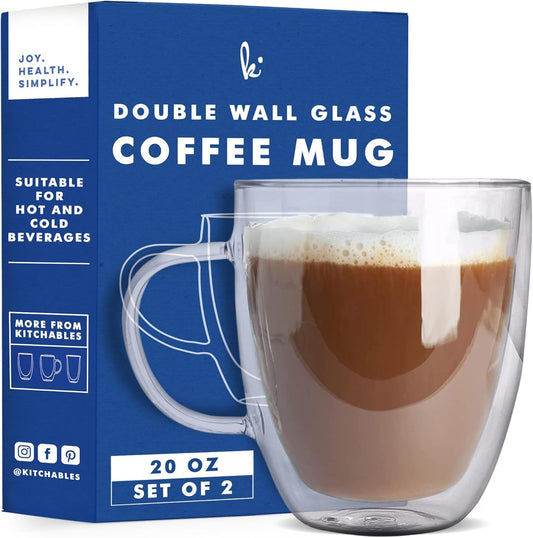 20oz Insulated Glass Coffee Mugs Set x2 - Enjoy Hot Drinks Longer