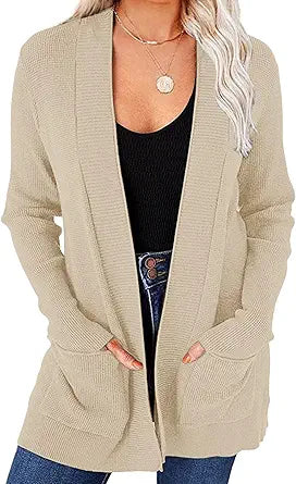 MEROKEETY Women's Open Front Waffle Knit Cardigan with Pockets