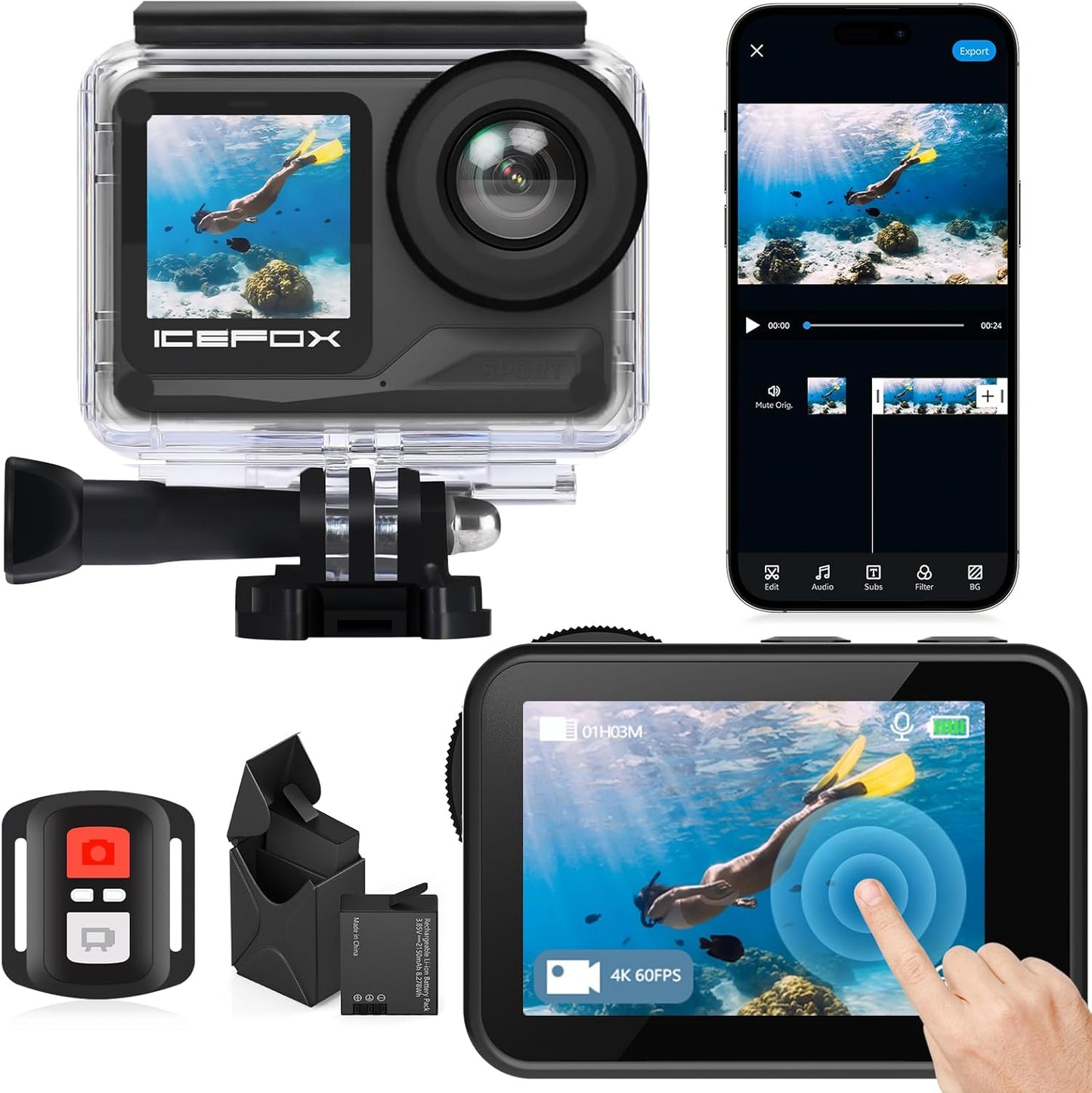 icefox i7 Action Camera 4K 60FPS with Dual Batteries and Zoom