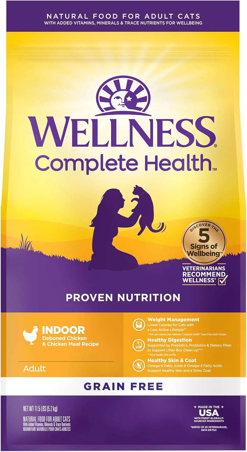 Wellness Complete Health Dry Cat Food for Indoor Cats, Grain Free