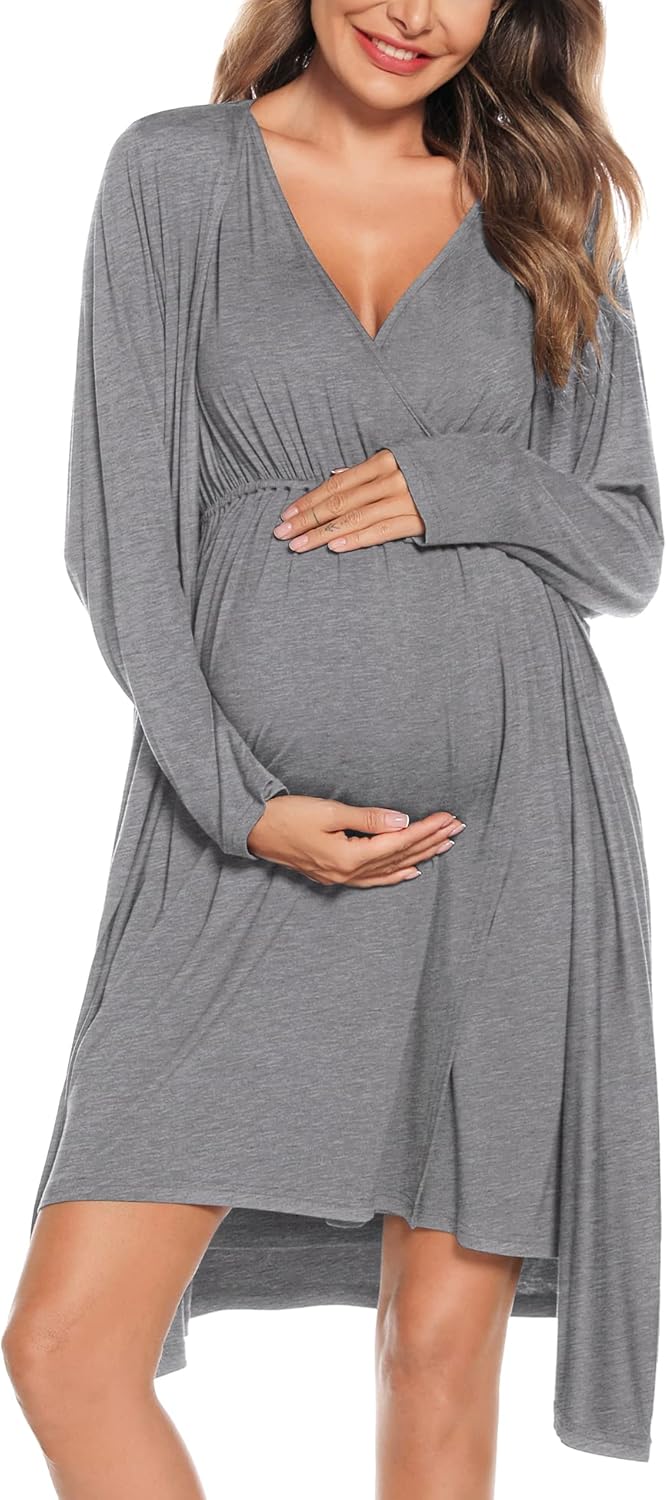 SWOMOG Women Maternity Nursing Gown and Robe Set for Comfort