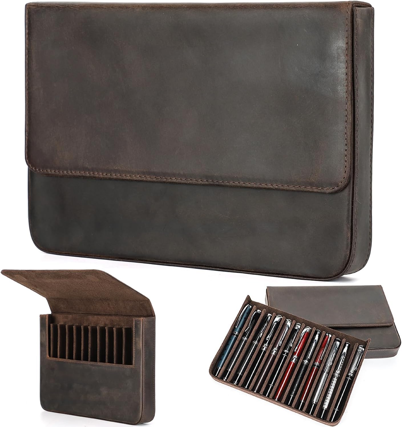 Top Grain Leather 12 Pen/Pencil Tray Case Organizer for All