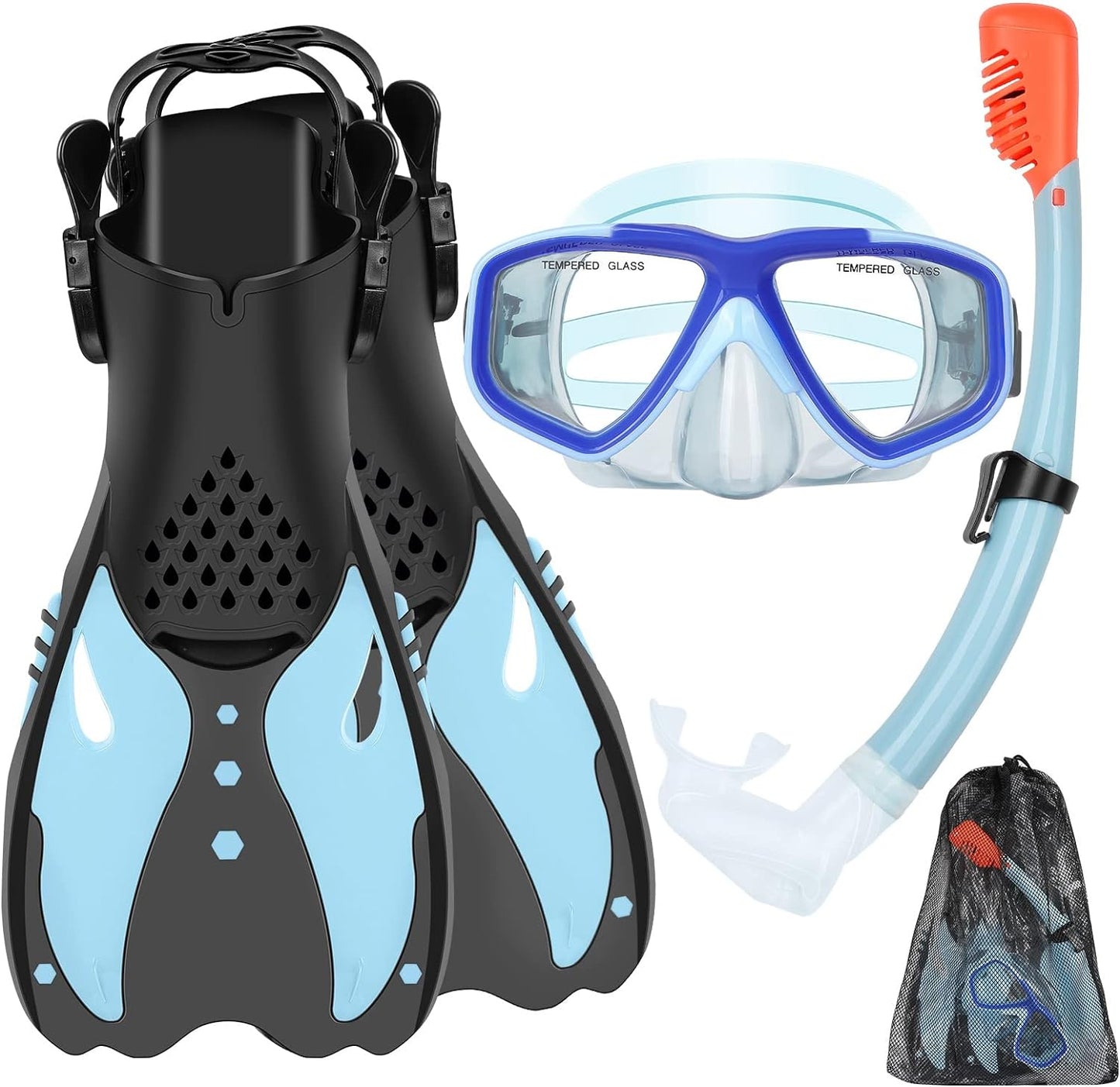 Premium Youth Snorkel Set - Anti-Fog Mask, Dry Top Snorkel, Adjustable Fins