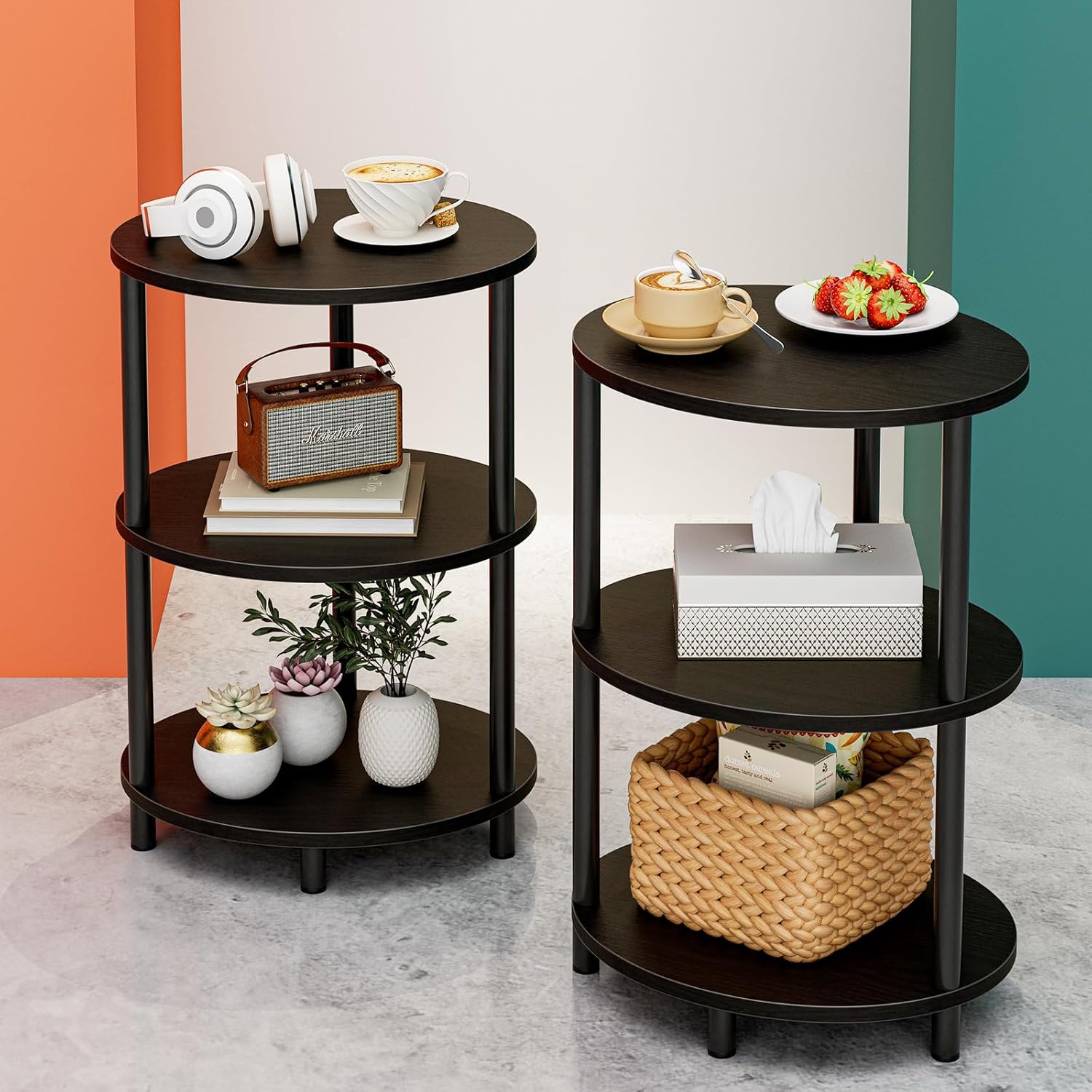 Small Round Side Table - 3-Tier Oval Accent Table for Spaces