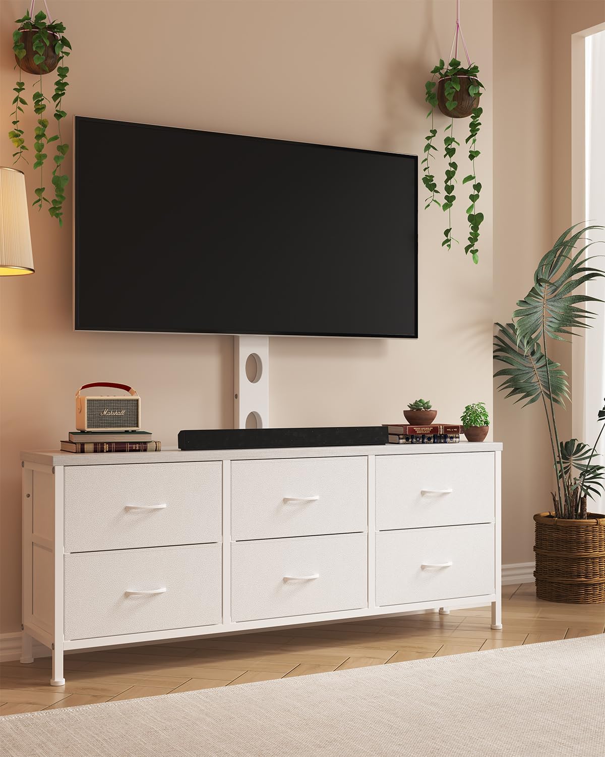 Modern White TV Stand with Mount & 6-Drawer Dresser - DrawXynth