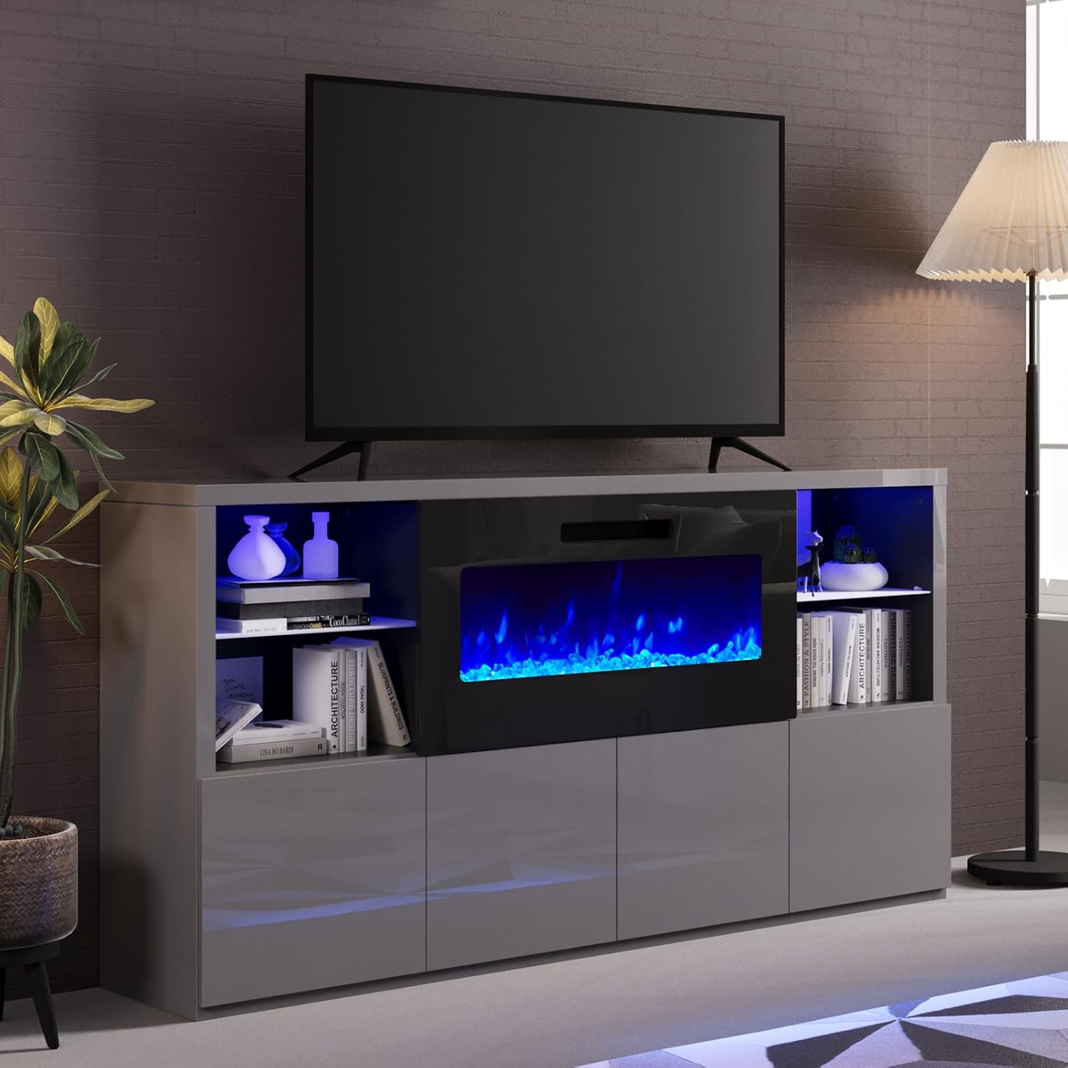 High Gloss Fireplace TV Stand with LED Lights