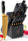 Black and Gold Knife Set with Block and Sharpener - 14-Piece