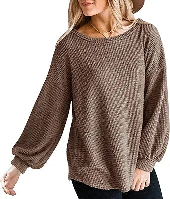 MEROKEETY Women's Fall Long Balloon Sleeve Waffle Knit Sweater