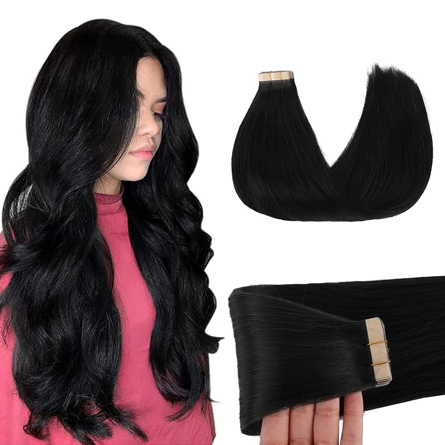 GOO GOO Tape in Hair Extensions Human Hair, Jet Black 18in