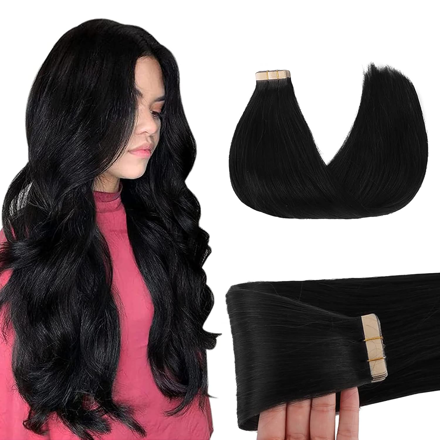 GOO GOO Tape in Hair Extensions Human Hair, Jet Black 18in