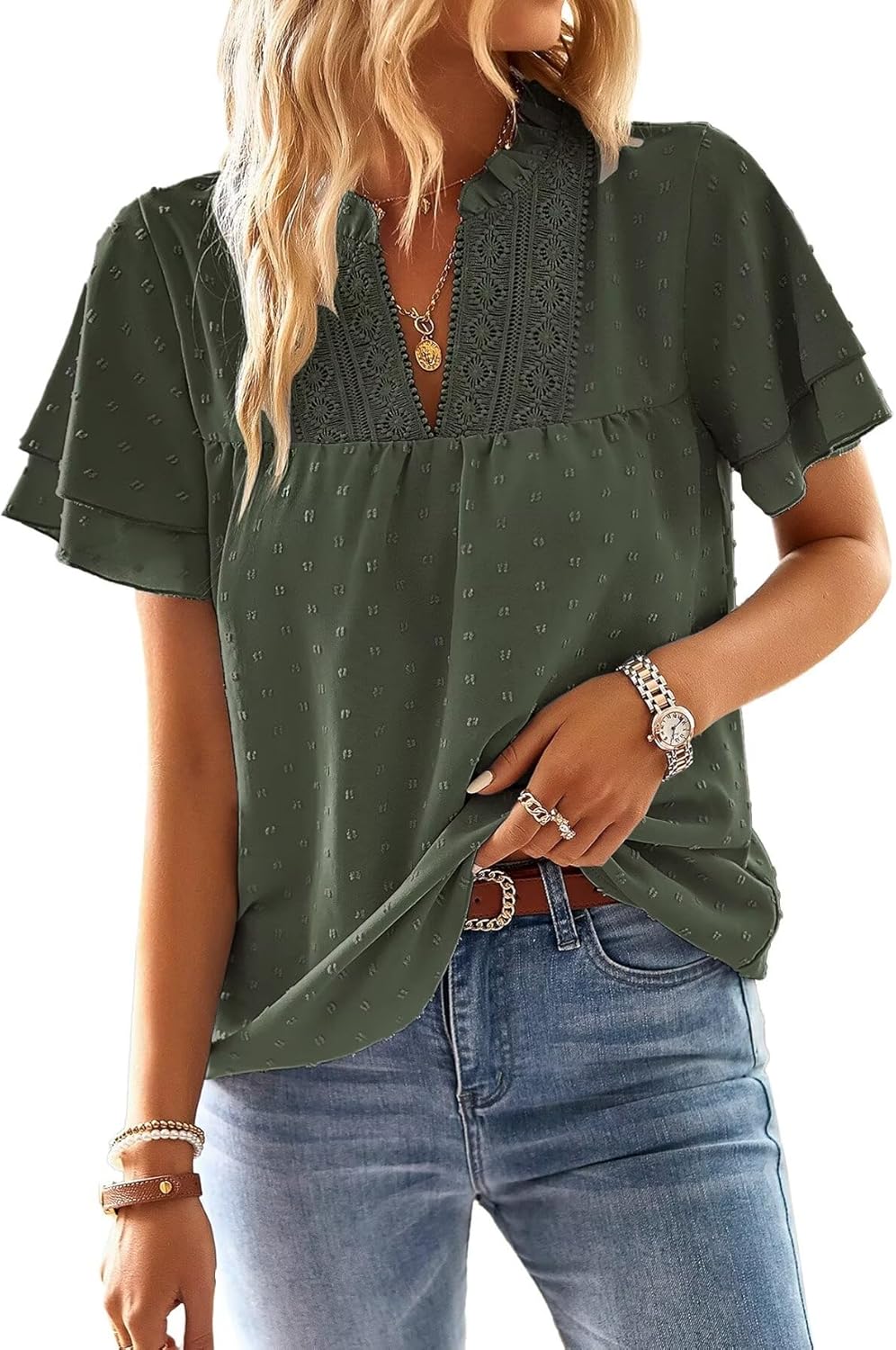Womens Tops Butterfly Sleeve V Neck Blouses for Dressy Casual Wear