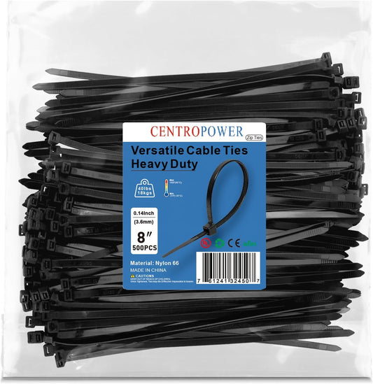 500 Pack Heavy Duty 8 Zip Ties - Strong, UV Resistant - Indoor/Outdoor Cable Management