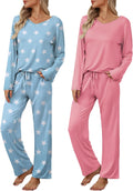 Womens 2 Pack Pajama Set Long Sleeve V Neck PJs - Soft Loungewear
