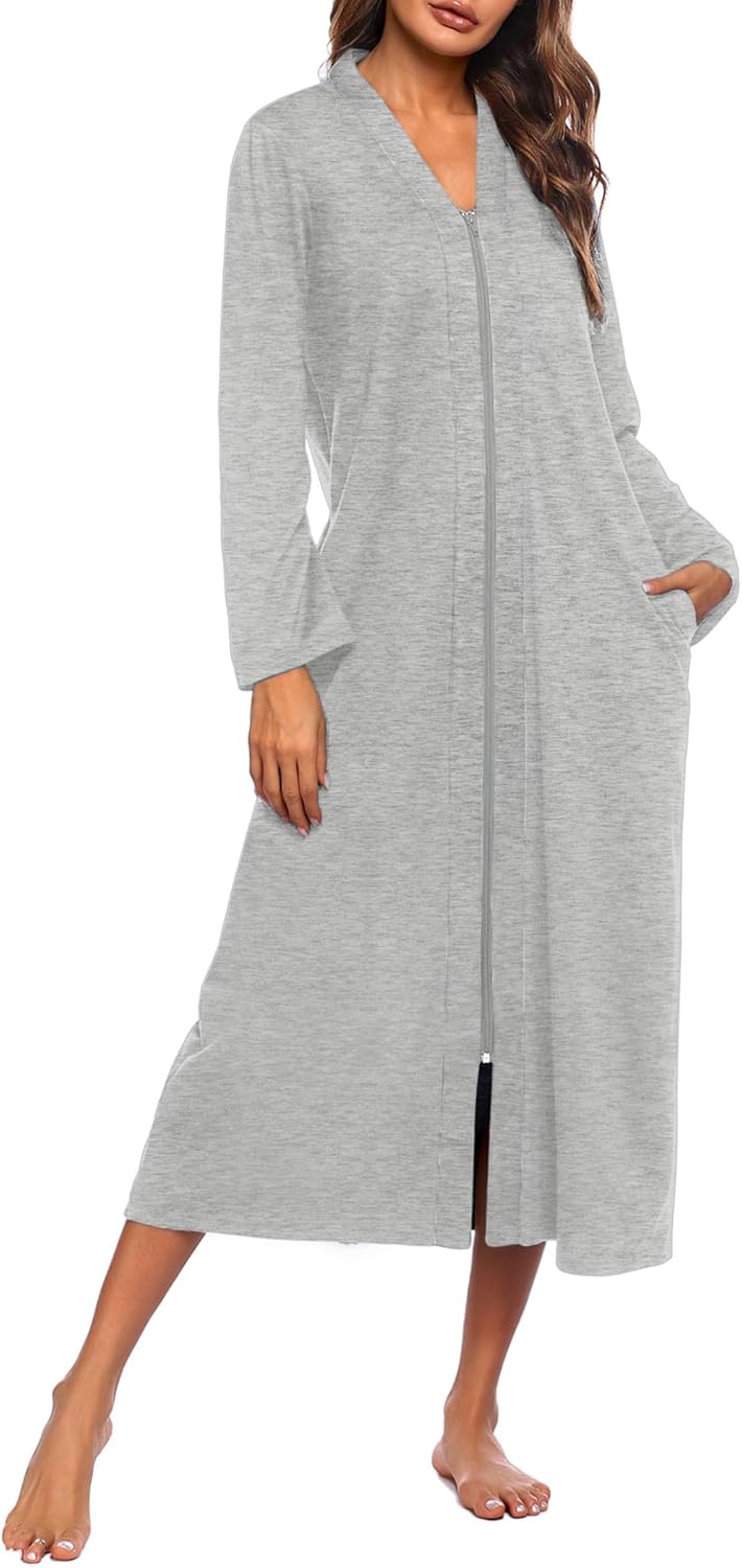 Ekouaer Women Zipper Robe Long Sleeve Loungewear with Pockets