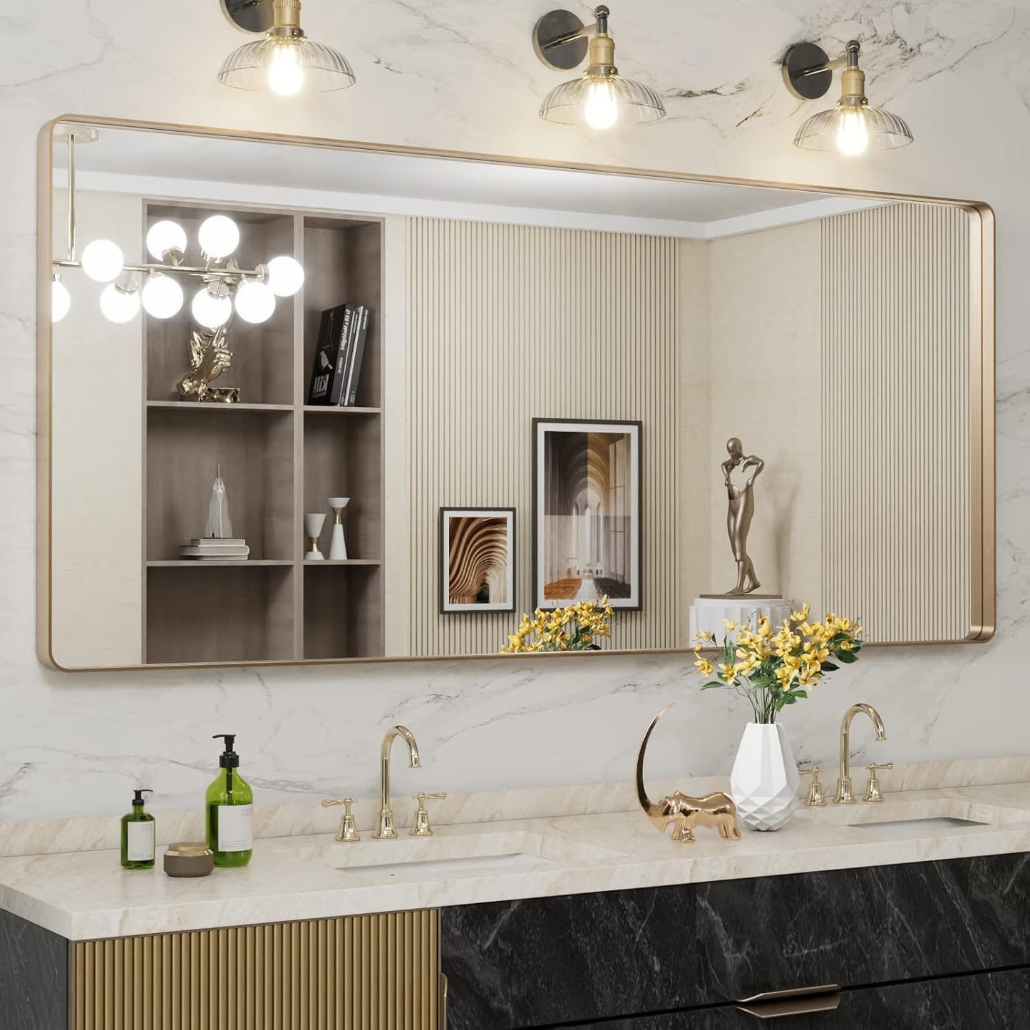 LOAAO 72X32 Gold Bathroom Mirror with Rounded Rectangle Frame
