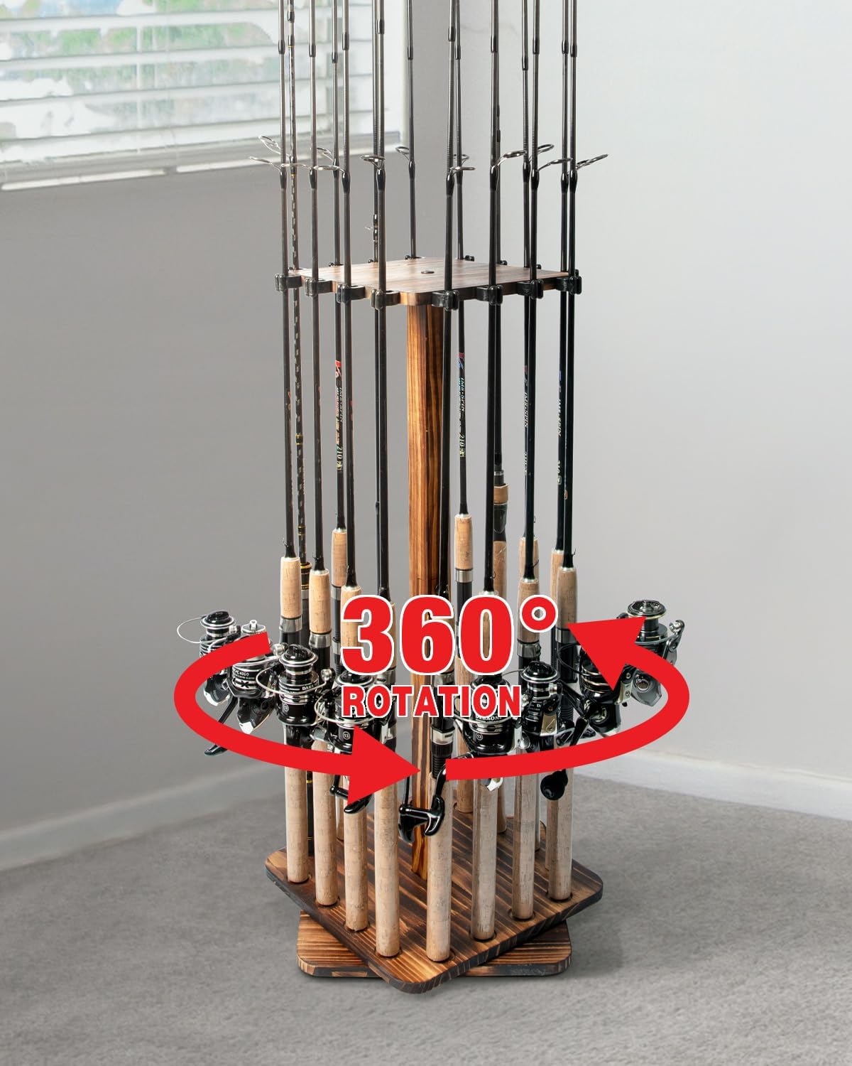360 Rotating Wood Fishing Rod Rack for 16 Rods
