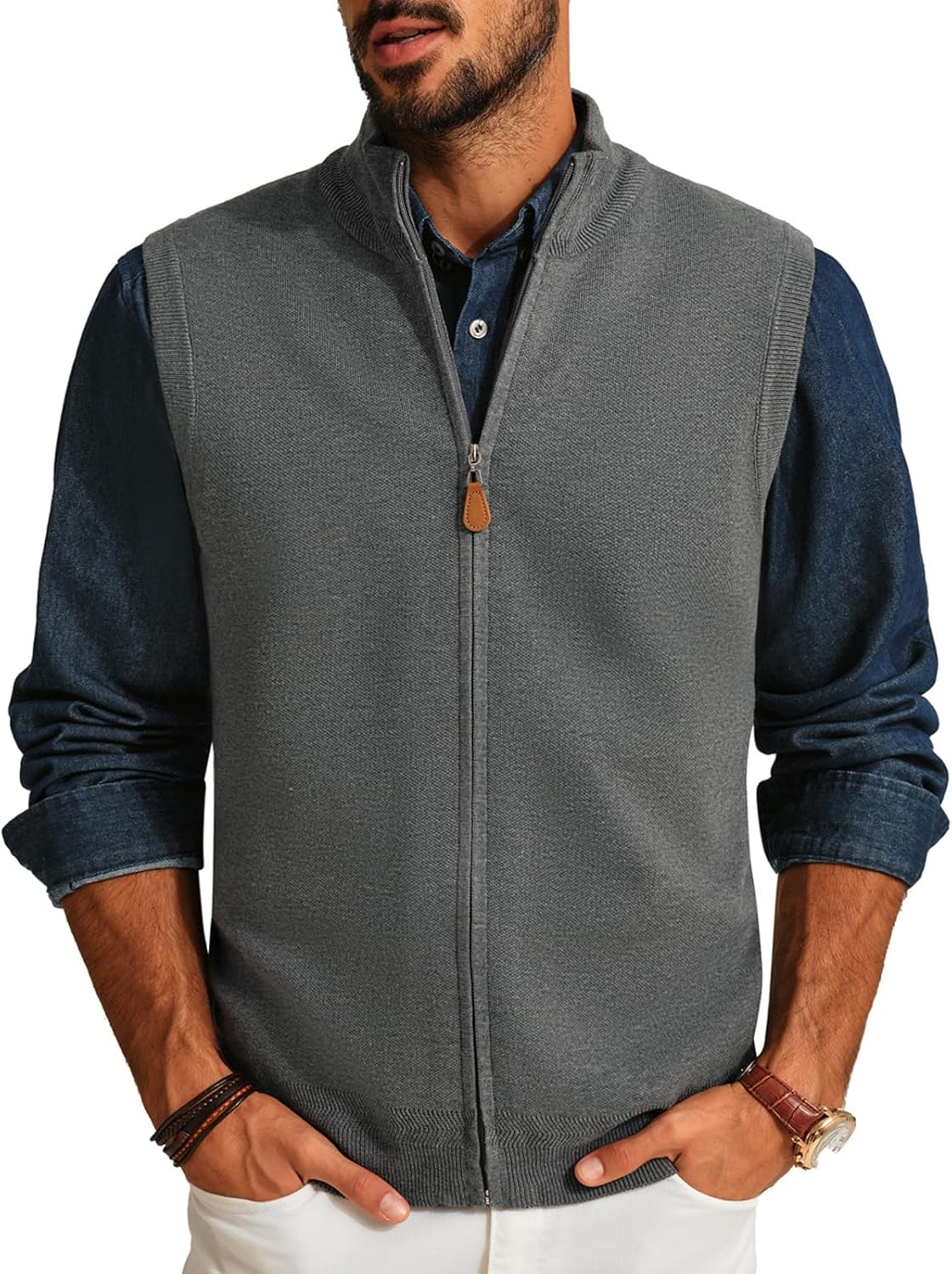 PJ PAUL JONES Mens Sweater Vest Full Zip Casual Stand Collar