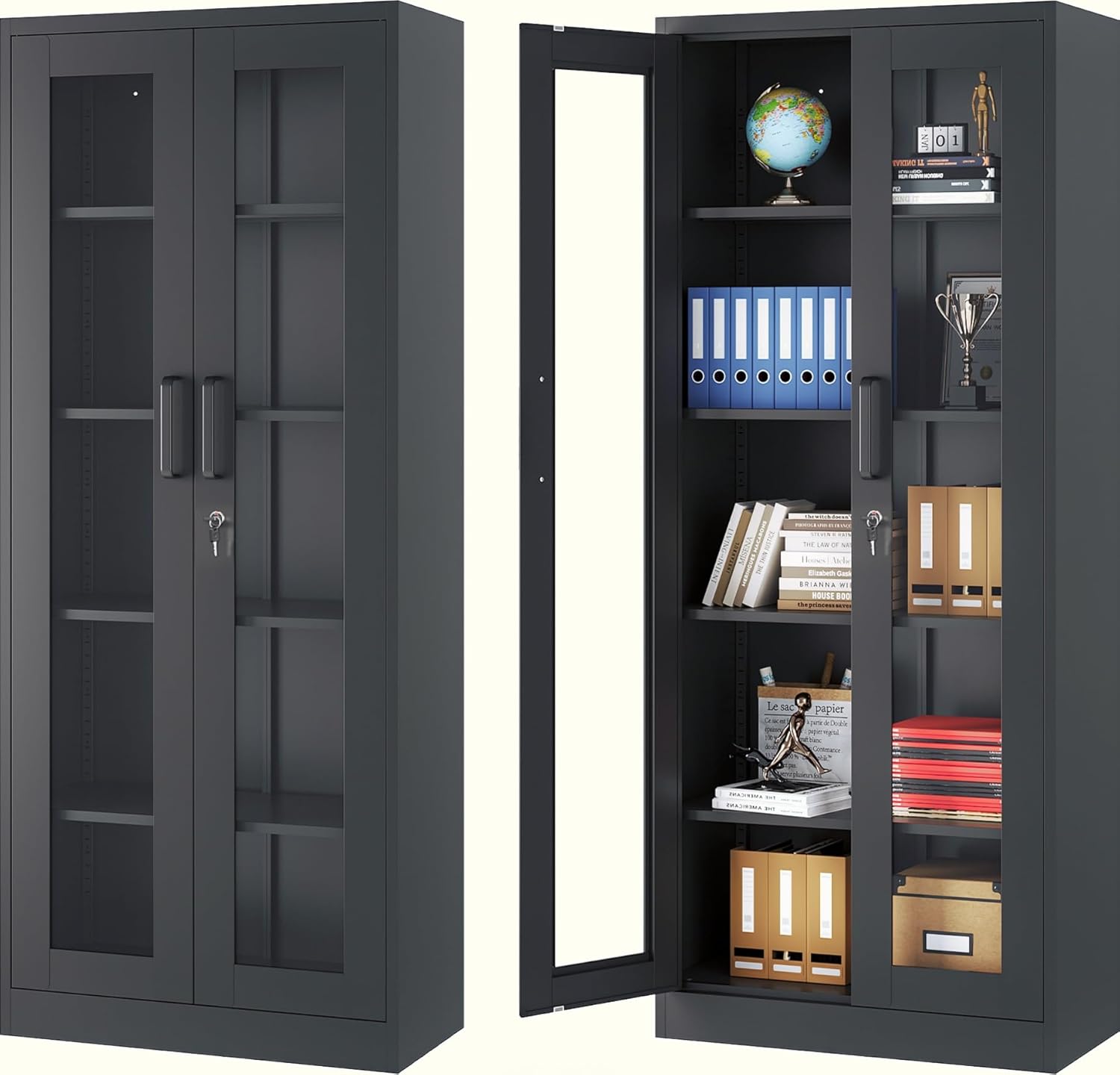 Metal Storage Cabinet with Lock and Glass Doors for Collectibles