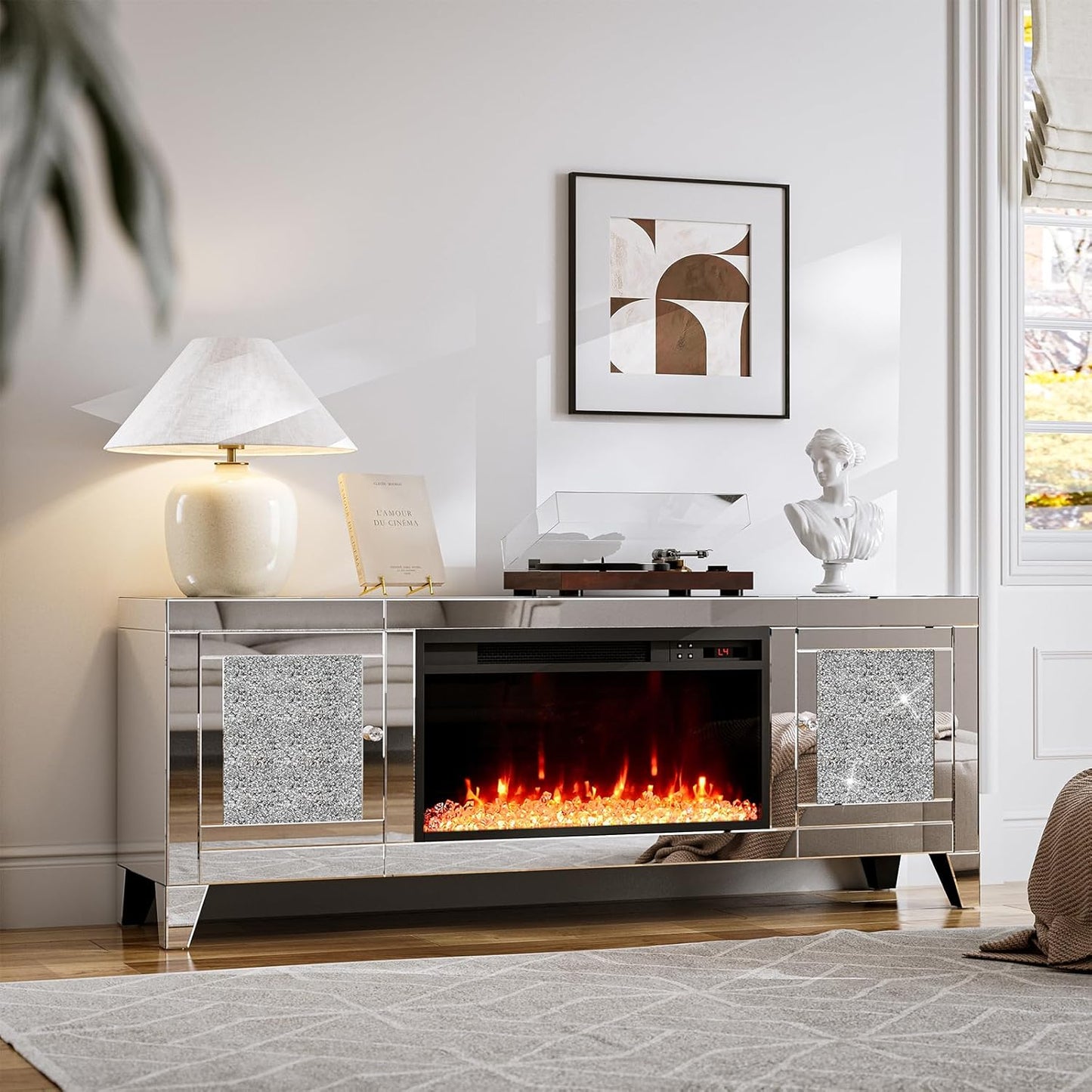Modern Mirrored Fireplace TV Stand - Glam up Your Space!