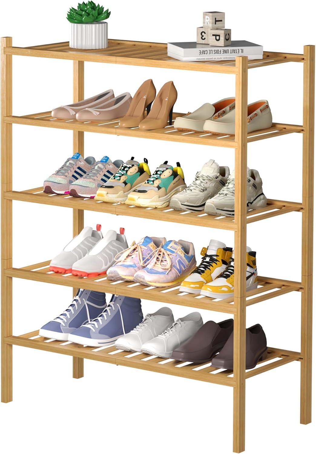 5 Tier Bamboo Shoe Rack for Closet - Stackable Wood Shelf